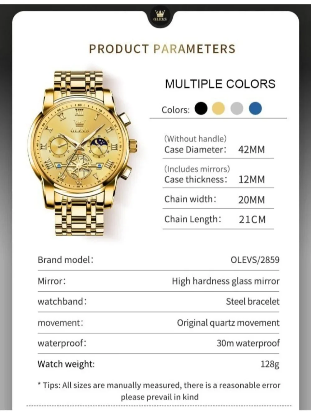 Men's Gold Band and Gold Face Stainless Steel Waterproof Big Face Wrist Watch